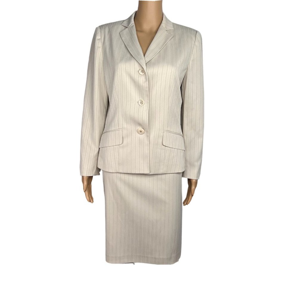 EVAN PICONE 2PC Beige Striped Polyester Spandex Lined Skirt Suit Size 10P